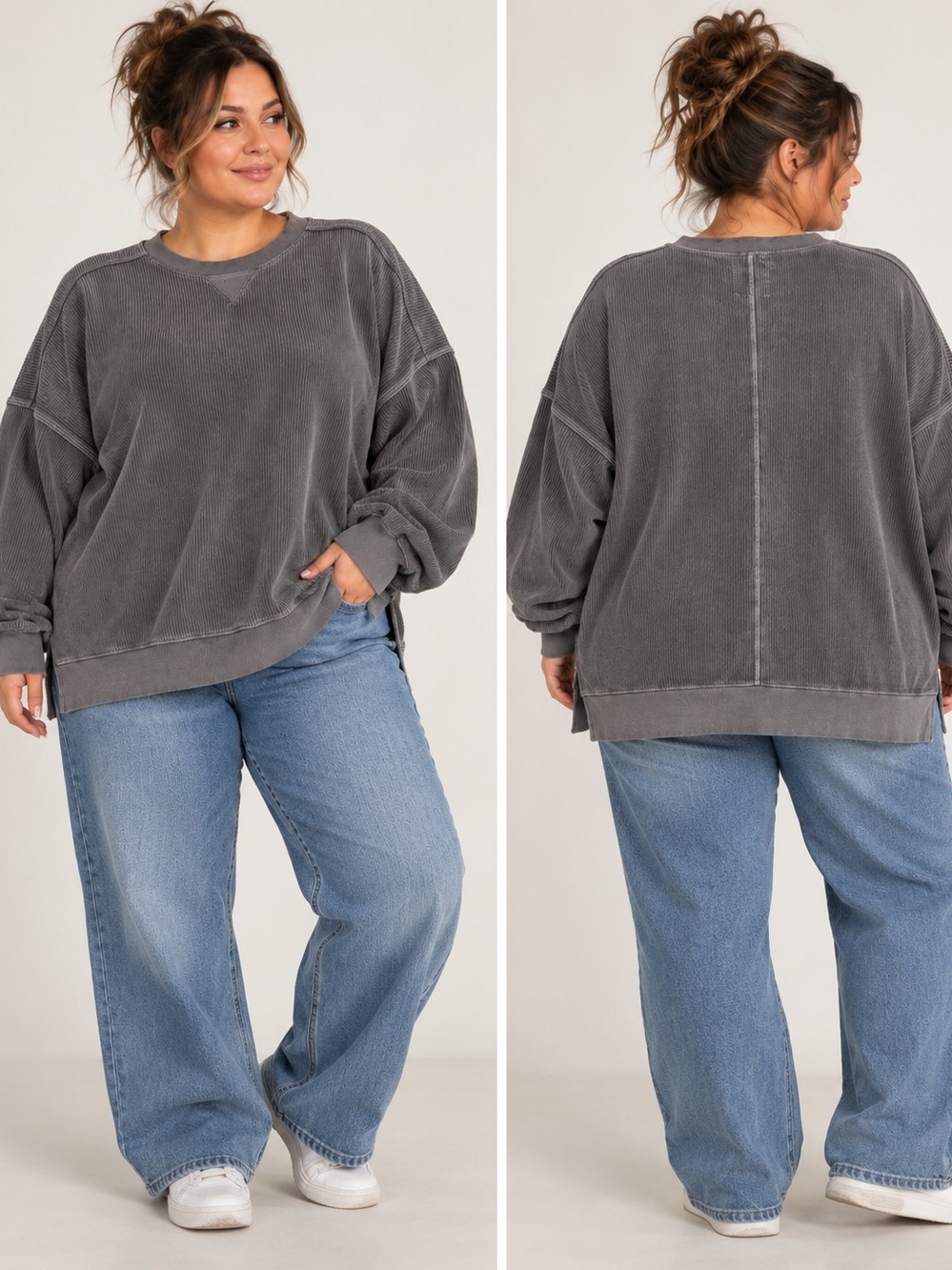 Aerie XXL Oversized Ribbed Crewneck Sweatshirt Charcoal Gray Exposed Seam Lounge